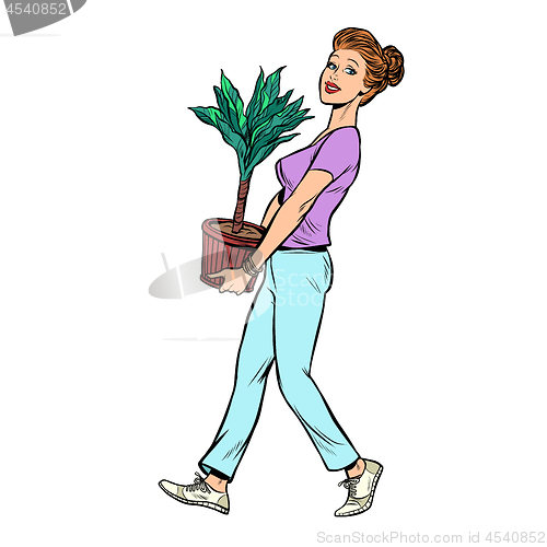 Image of a woman carries a pot with a potted plant