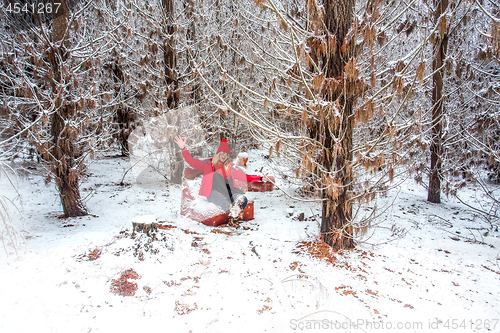 Image of Woman on a couch among the snow covered pine forest in winter