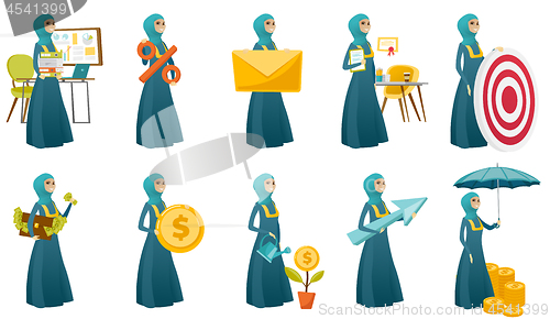 Image of Muslim business woman vector illustrations set.