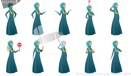 Image of Muslim business woman vector illustrations set.