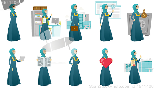 Image of Muslim business woman vector illustrations set.