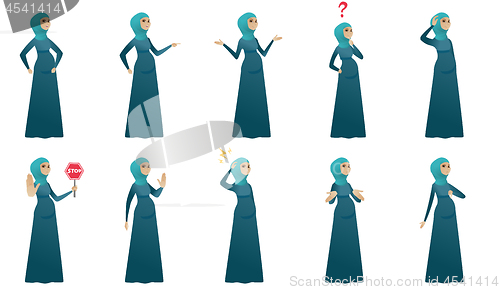 Image of Muslim pregnant woman vector illustrations set.