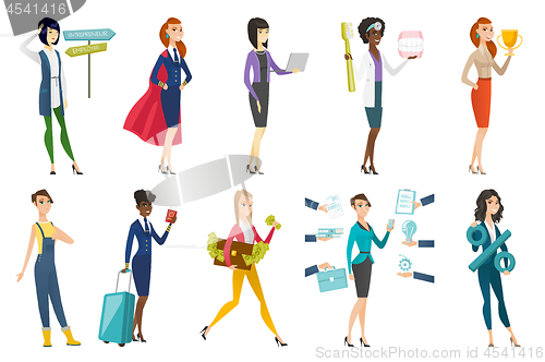 Image of Business woman, stewardess, doctor profession set.