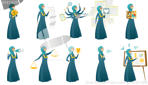 Image of Muslim business woman vector illustrations set.