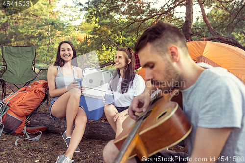 Image of Party, camping of men and women group at forest. They relaxing, singing a song