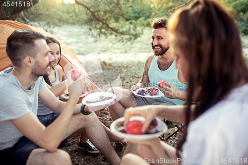 Image of Party, camping of men and women group at forest. They relaxing and eating barbecue