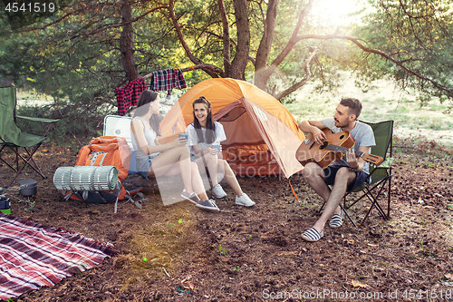 Image of Party, camping of men and women group at forest. They relaxing, singing a song