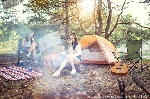 Image of Party, camping of women at forest. They relaxing, singing a song and cooking barbecue