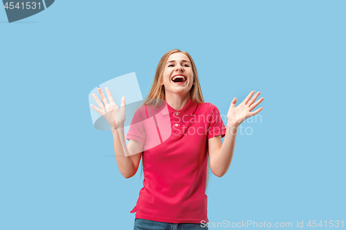 Image of Winning success woman happy ecstatic celebrating being a winner. Dynamic energetic image of female model