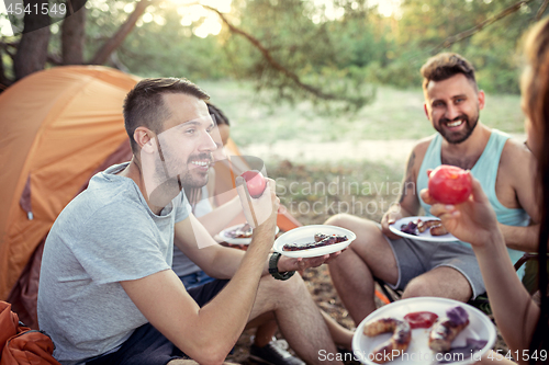 Image of Party, camping of men and women group at forest. They relaxing and eating barbecue