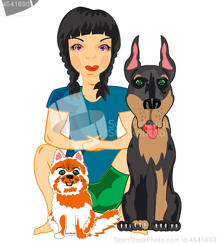 Image of Vector illustration of the young girl with pets cat and dog