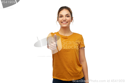 Image of woman or teenage girl in t-shirt showing thumbs up