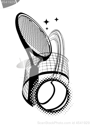 Image of Tennis ball with a tennis racket kicking through the net