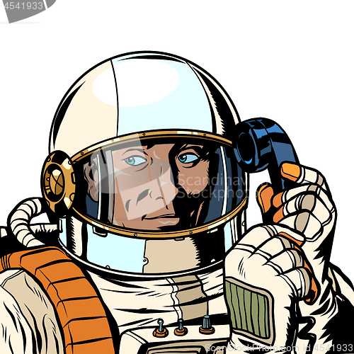 Image of serious astronaut talking on a retro phone. isolate on white background