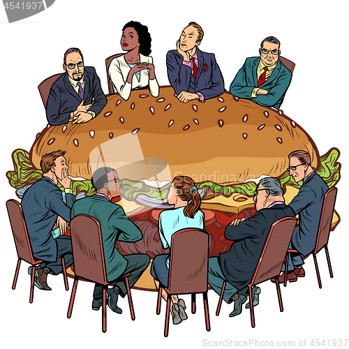 Image of a group of people in a restaurant. Burger fast food