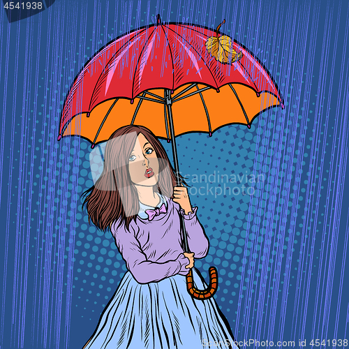 Image of girl in the rain under an umbrella