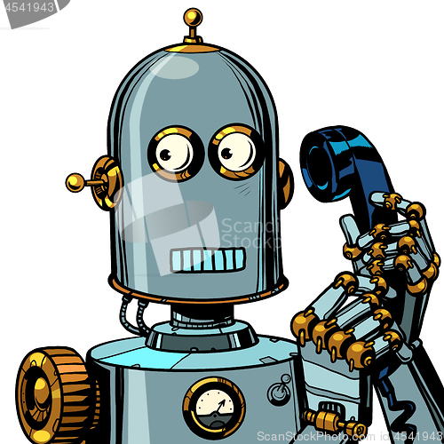 Image of scared funny robot talking on a retro phone. isolate on white background