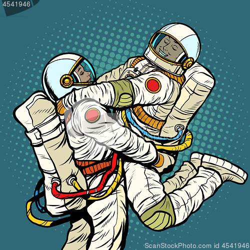 Image of couple in love astronaut man and woman. love romance hugs