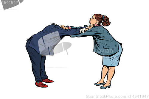 Image of headless pattern man against woman. gender confrontation and enmity