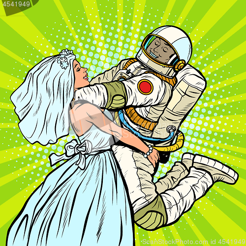 Image of bride and groom at the wedding. astronaut and his wife