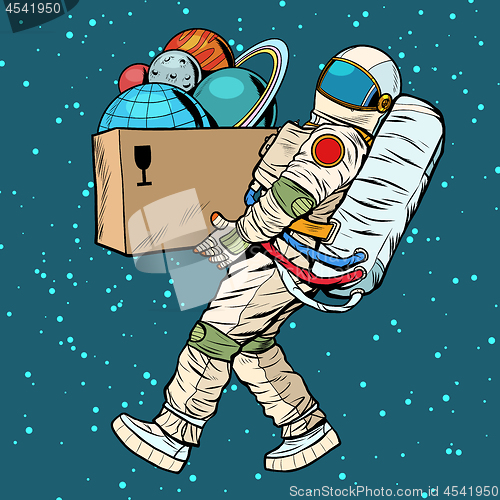 Image of space exploration concept. astronaut takes the planet in a box