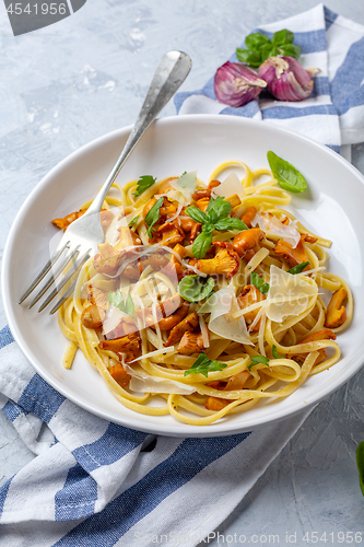 Image of Linguini with chanterelles, parmesan and herbs.