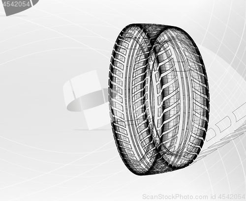 Image of Car tire with tire marks on a light grey background. Vector blueprint illustration