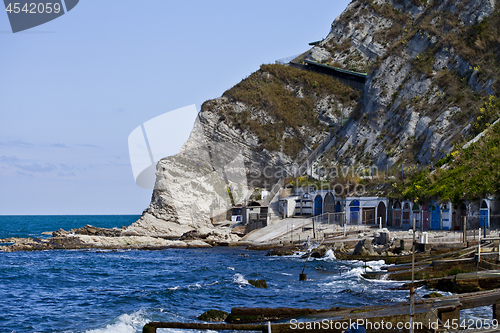 Image of Blue sea water, stones and rocks on Adriatic sea coast.