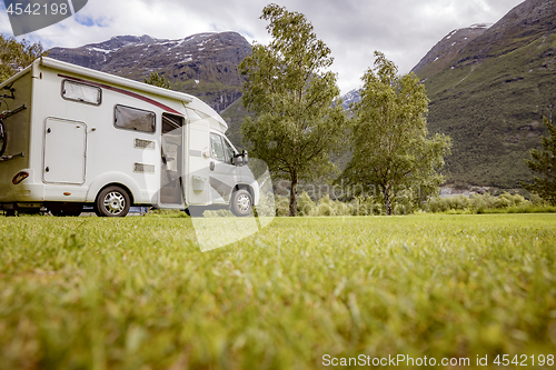 Image of Family vacation travel RV, holiday trip in motorhome