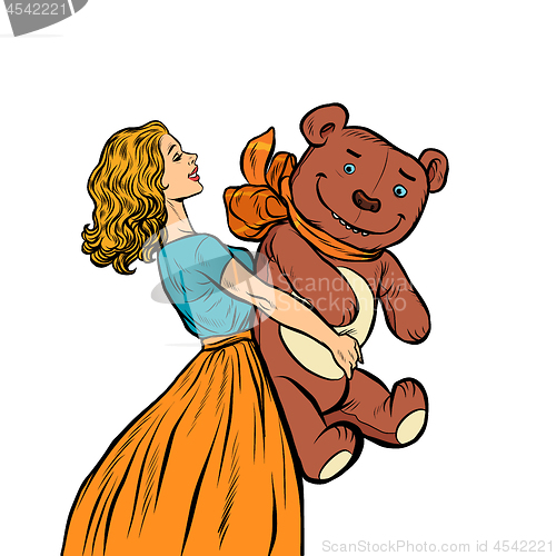 Image of young woman and bear gift. Birthday. A celebration of love