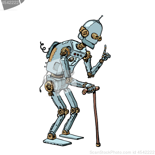 Image of very old robot man with a stick