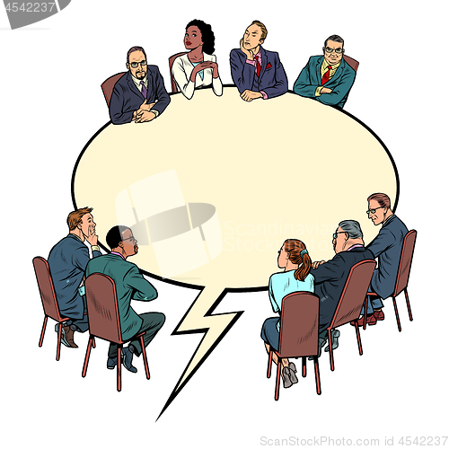 Image of comic book bubble, meeting business people. Dialogue communication concept