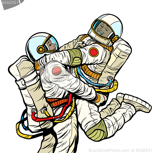 Image of couple in love astronaut man and woman. love romance hugs