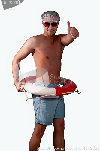 Image of portrait of shirtless man standing against white background