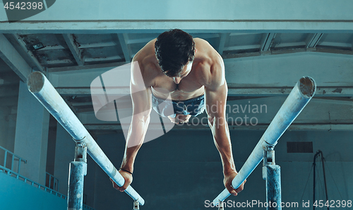 Image of The sportsman during difficult exercise, sports gymnastics