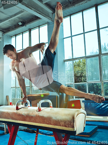 Image of The sportsman during difficult exercise, sports gymnastics