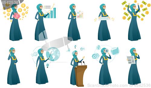 Image of Muslim business woman vector illustrations set.
