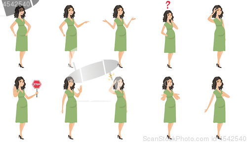 Image of Caucasian pregnant woman vector illustrations set.