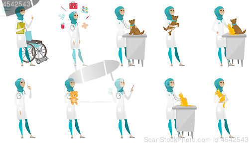 Image of Muslim doctor vector illustrations set.