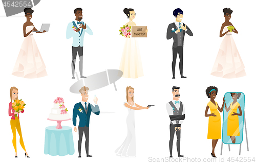 Image of Bride and groom vector illustrations set.