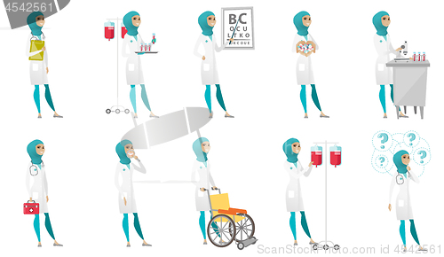 Image of Muslim doctor vector illustrations set.