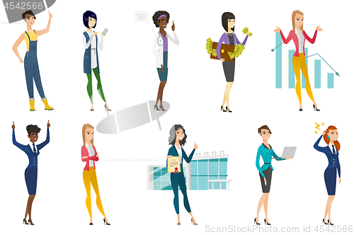 Image of Business woman, stewardess, doctor profession set.