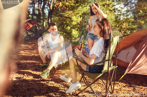 Image of Party, camping of men and women group at forest. They relaxing