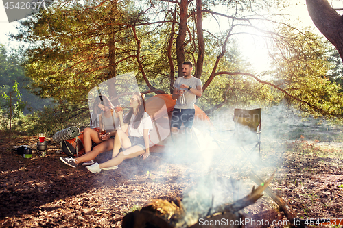 Image of Party, camping of men and women group at forest. They relaxing