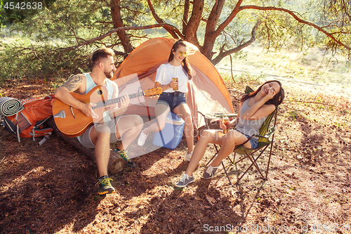 Image of Party, camping of men and women group at forest. They relaxing, singing a song