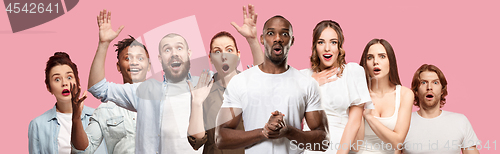 Image of The collage of faces of surprised people on pink backgrounds. Human emotions, facial expression concept.