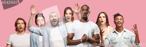 Image of The collage of faces of surprised people on pink backgrounds. Human emotions, facial expression concept.