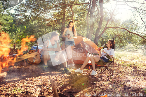 Image of Party, camping of men and women group at forest. They relaxing