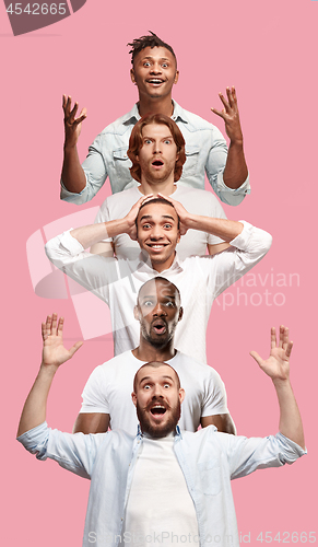 Image of The collage of faces of surprised people on pink backgrounds. Human emotions, facial expression concept.