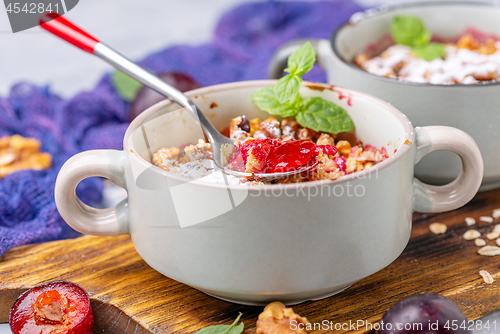 Image of Red cherry plum crumble for breakfast.